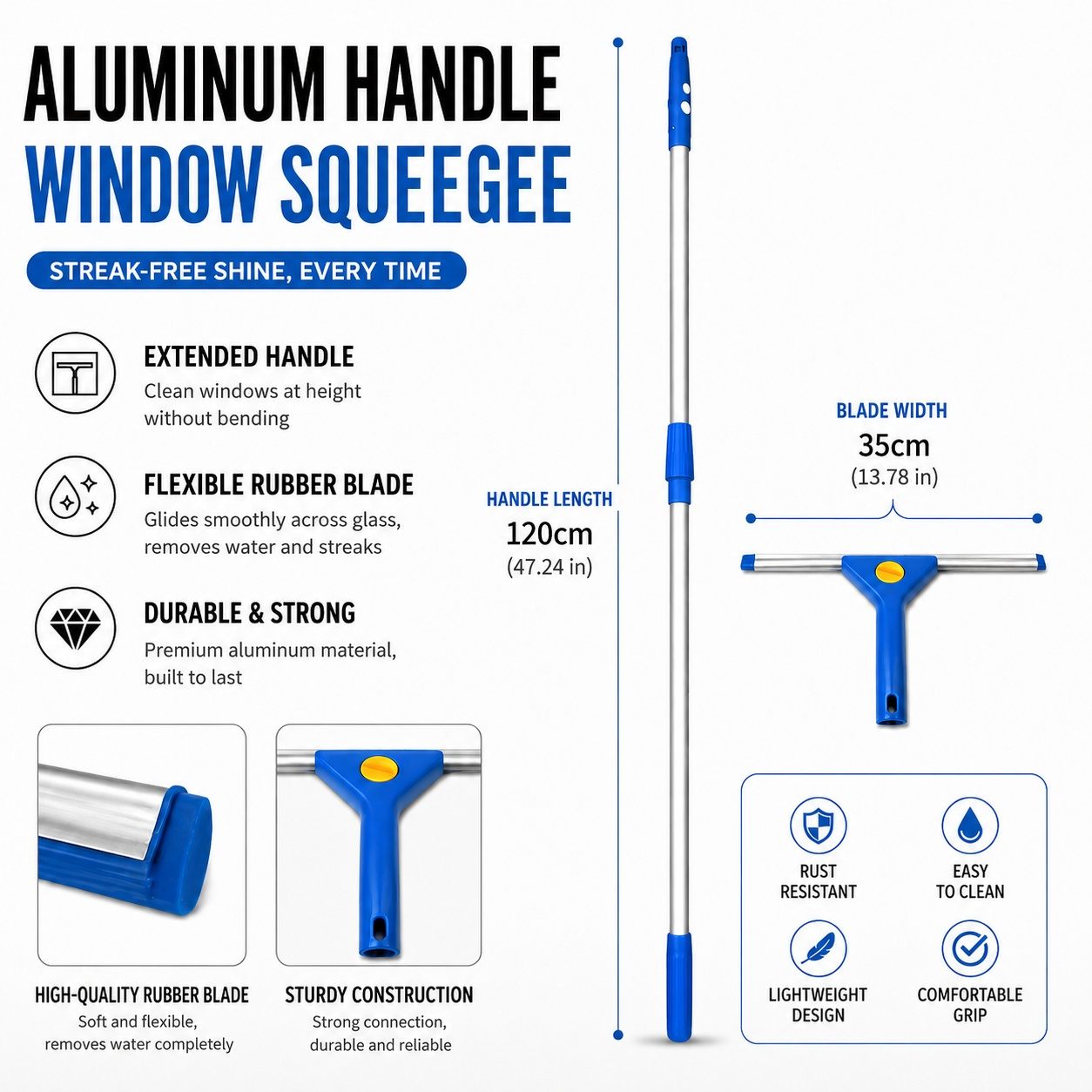 Escobilla de goma para ventanas y vidrio con mango de aluminio